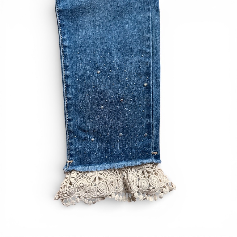 ONADO PARIS Blue embellished skinny jeans lace hem boho tassel detail size M /38 - Picture 5 of 10
